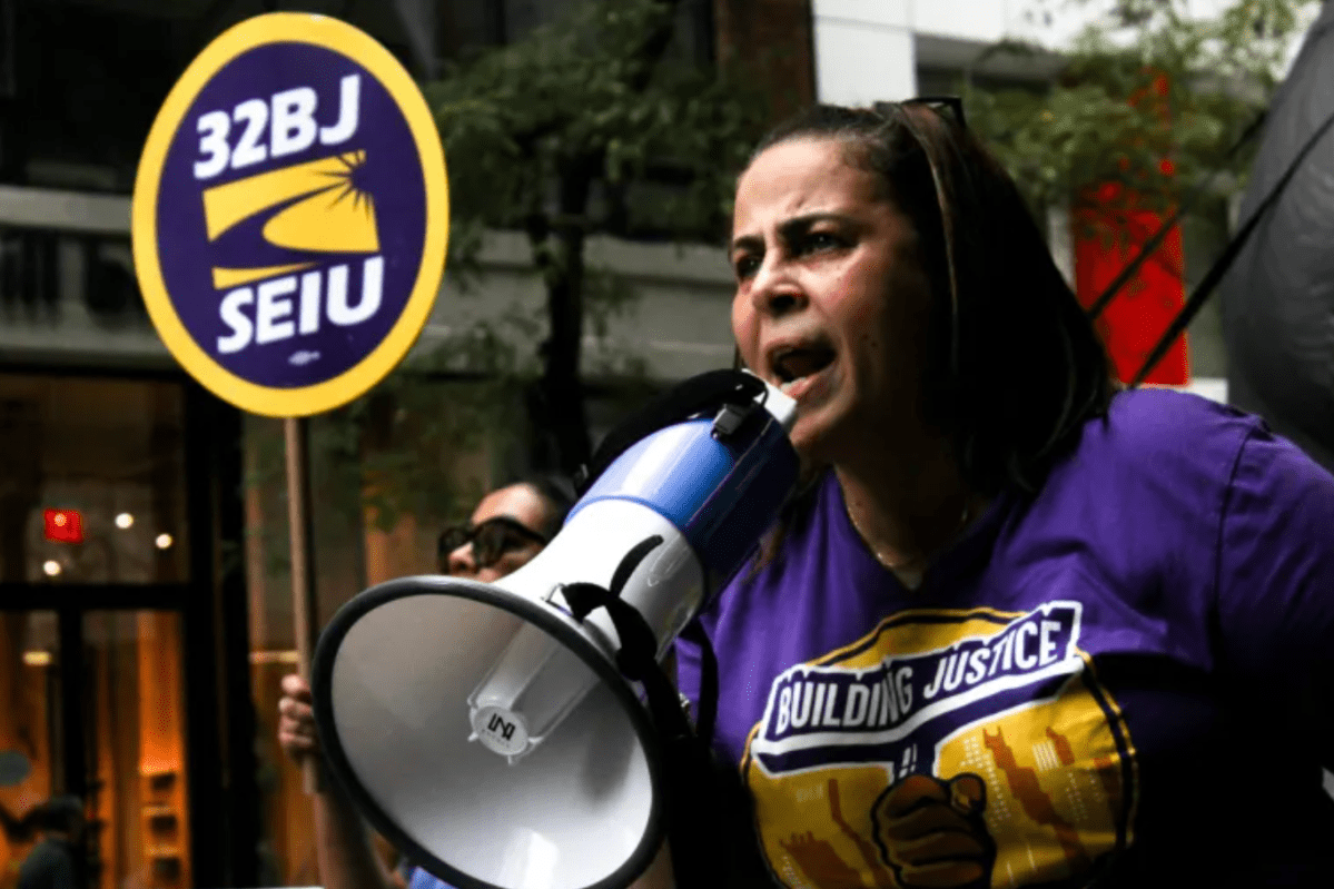 A worker chants during a September rally in front of 529 5th Ave., a property owned by Namdar Reality Group